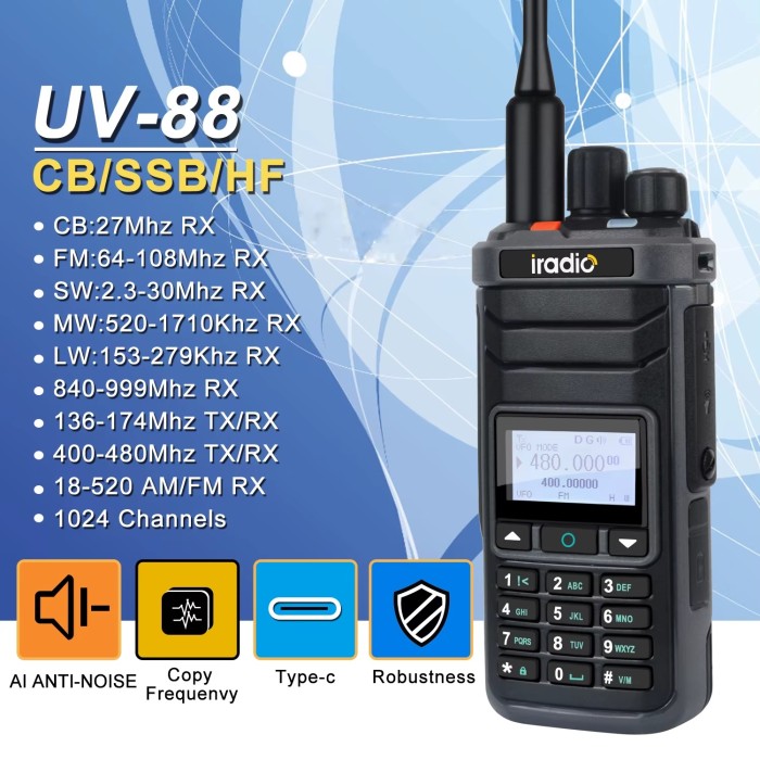 IRADIO UV-88 , Rtx Multi-banda, RX AM FM SW MW LW CB SSB con antenne SQDZ
